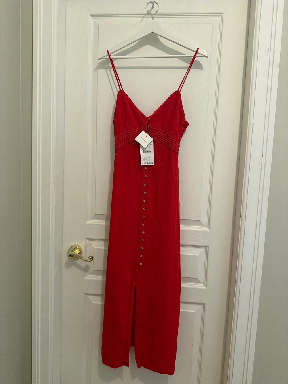 Zara Red Spaghetti-Strap Midi Dress with Front Buttons